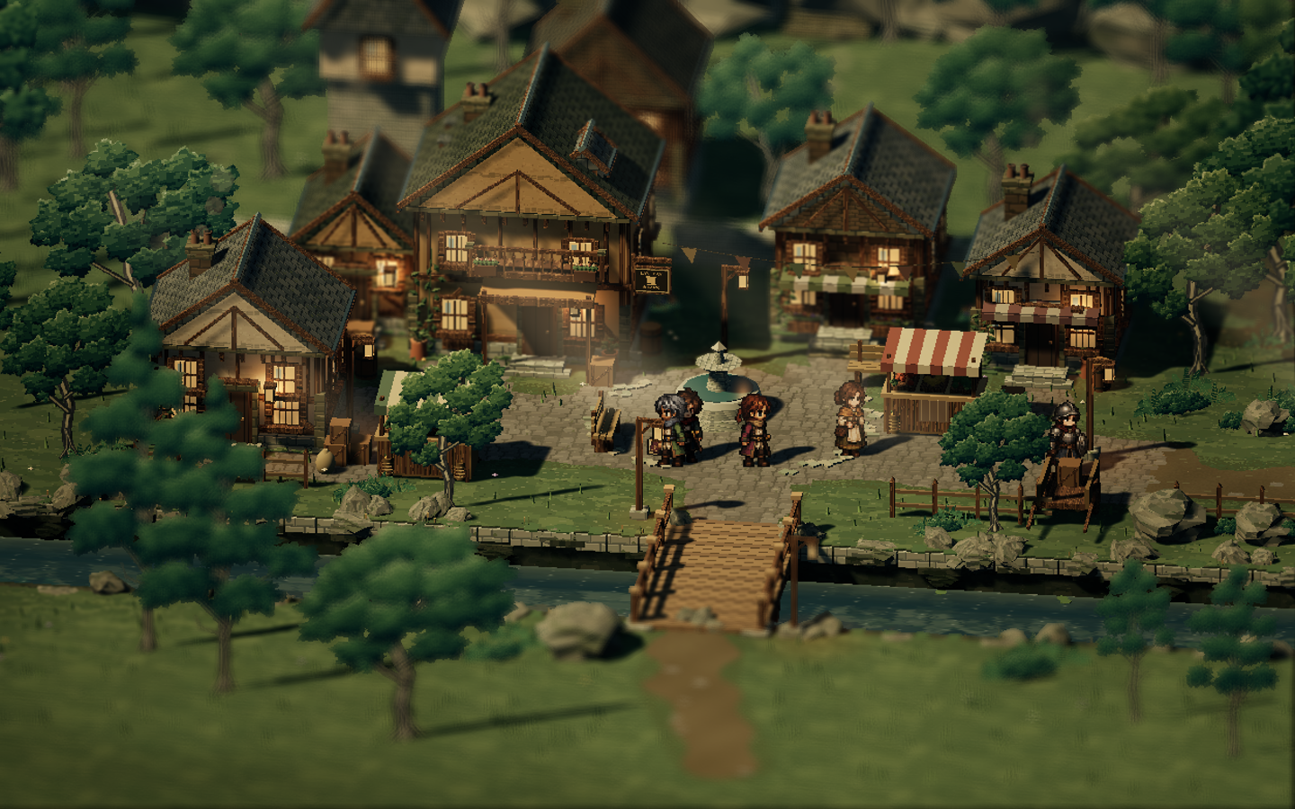 The timber houses and stone bridge of Emberveil Village, captured in the game